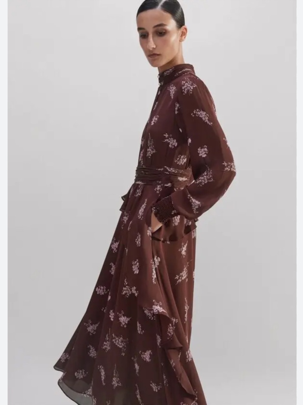ME+EM Silk Floral Print Midi Dress in Rum Raisin Size 2